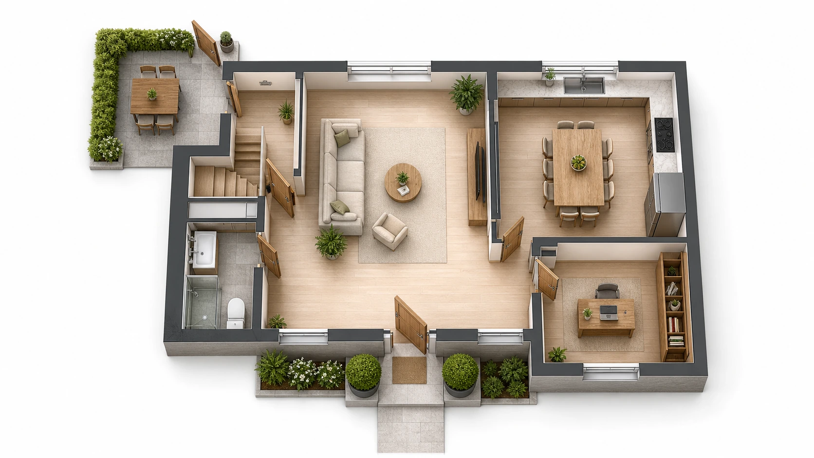 2 Buttons + 1 Receiver reference floor plan for Front Door Plus Back Door, Shop Front Plus Service Entrance