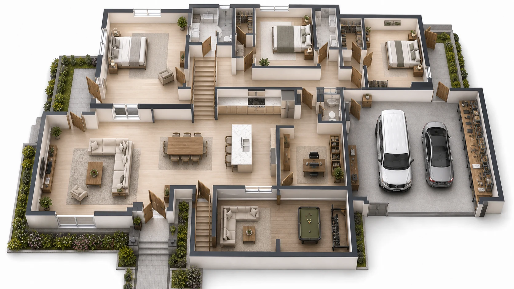 2 Buttons + 4 Receivers reference floor plan for Large Two-Entry Home, Multi-Story Office, Home With Garage And Basement