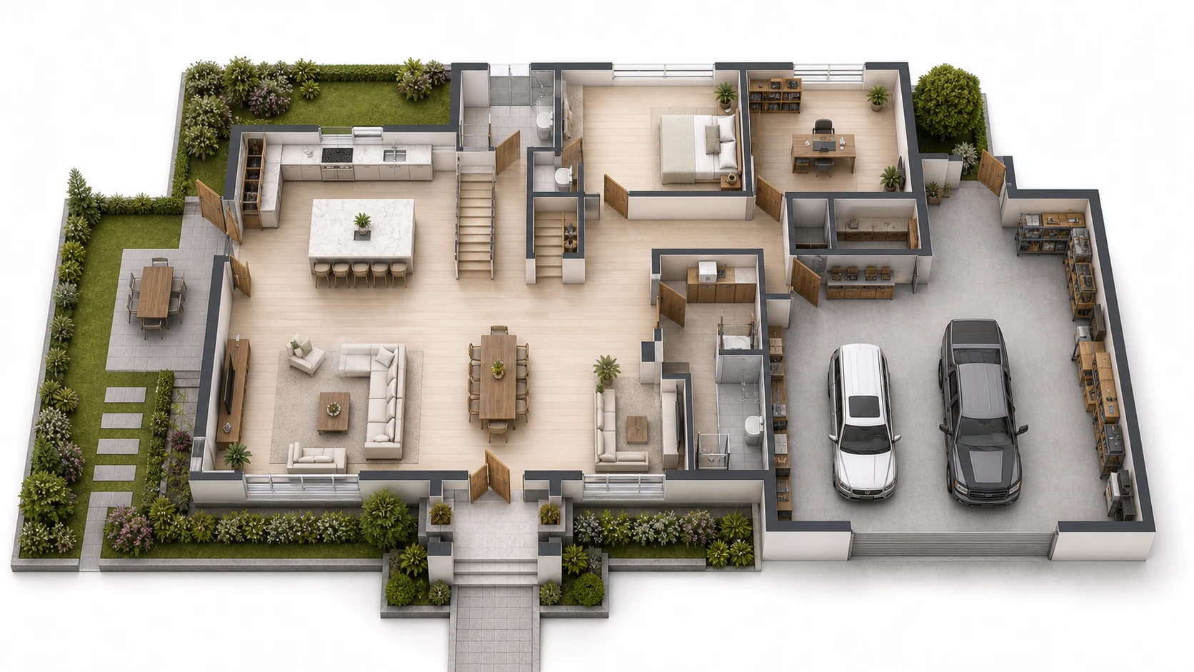 3 Buttons + 4 Receivers reference floor plan for Large Multi-Entry Property, Workshop, School Or Commercial Building