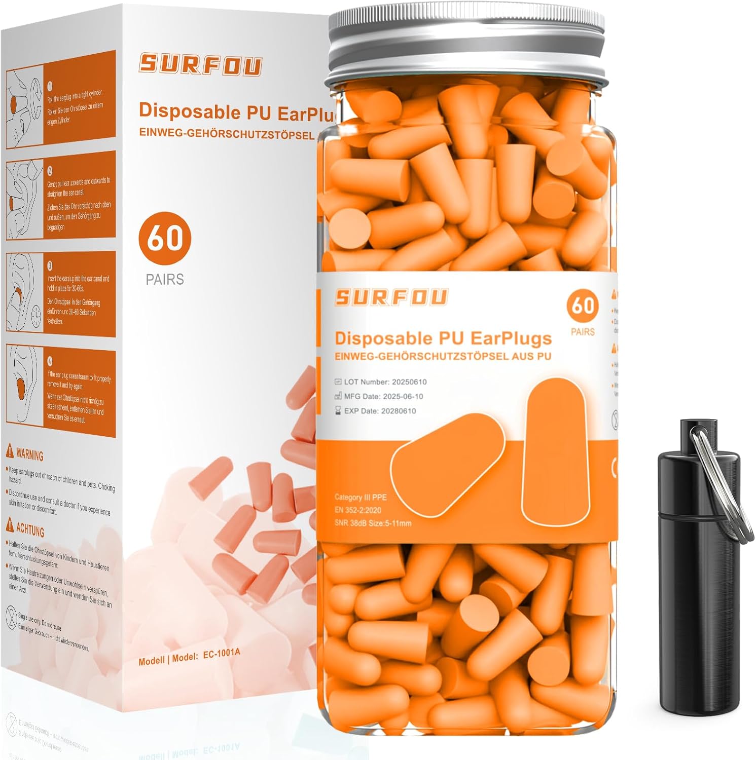 SURFOU Ear Plugs for Sleep 60 Pairs, 38dB Noise Reduction Foam Earplugs