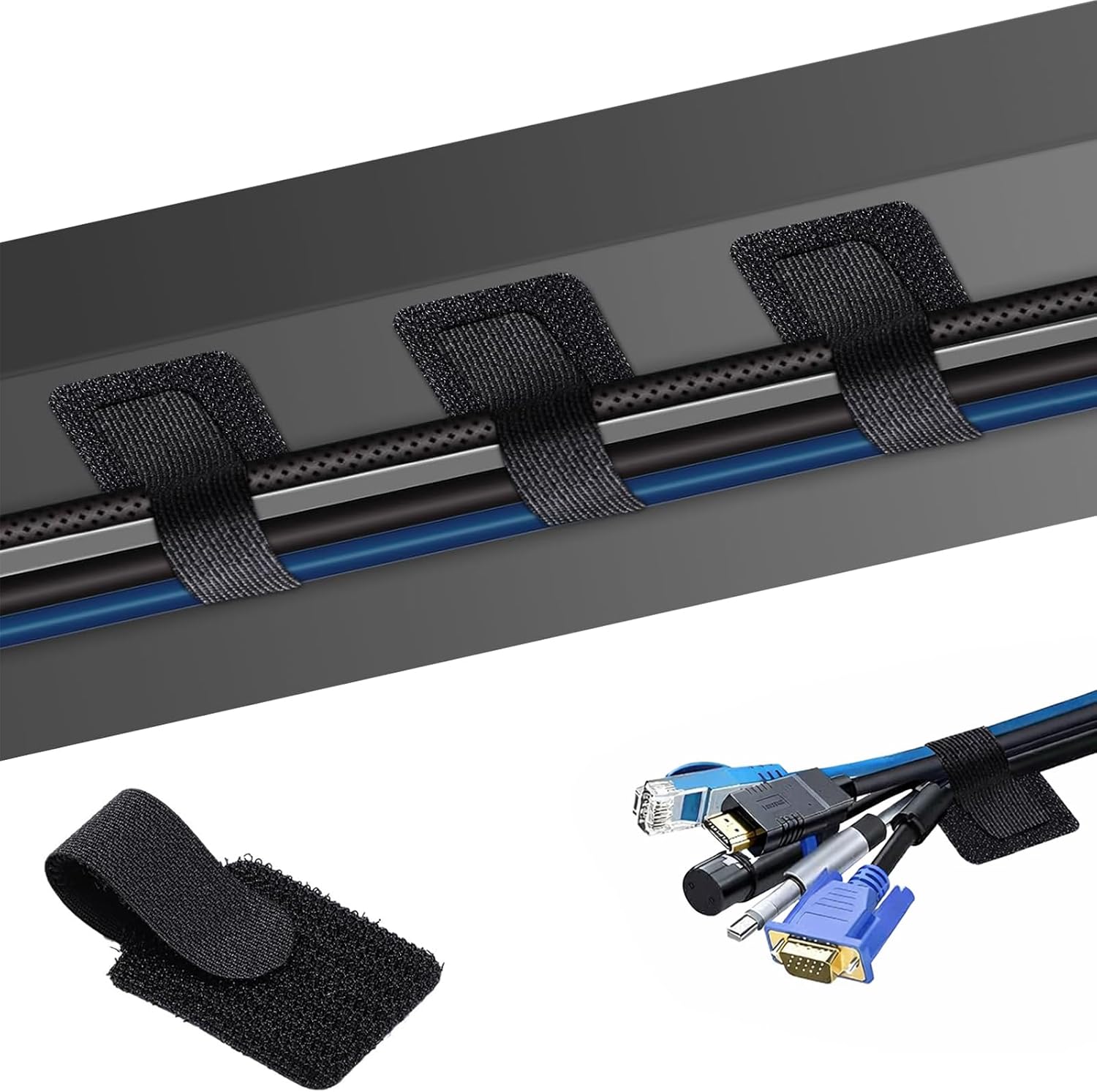 SURFOU 60 PCS Cable Tidy Under Desk, Self-Adhesive Hook and Loop Straps